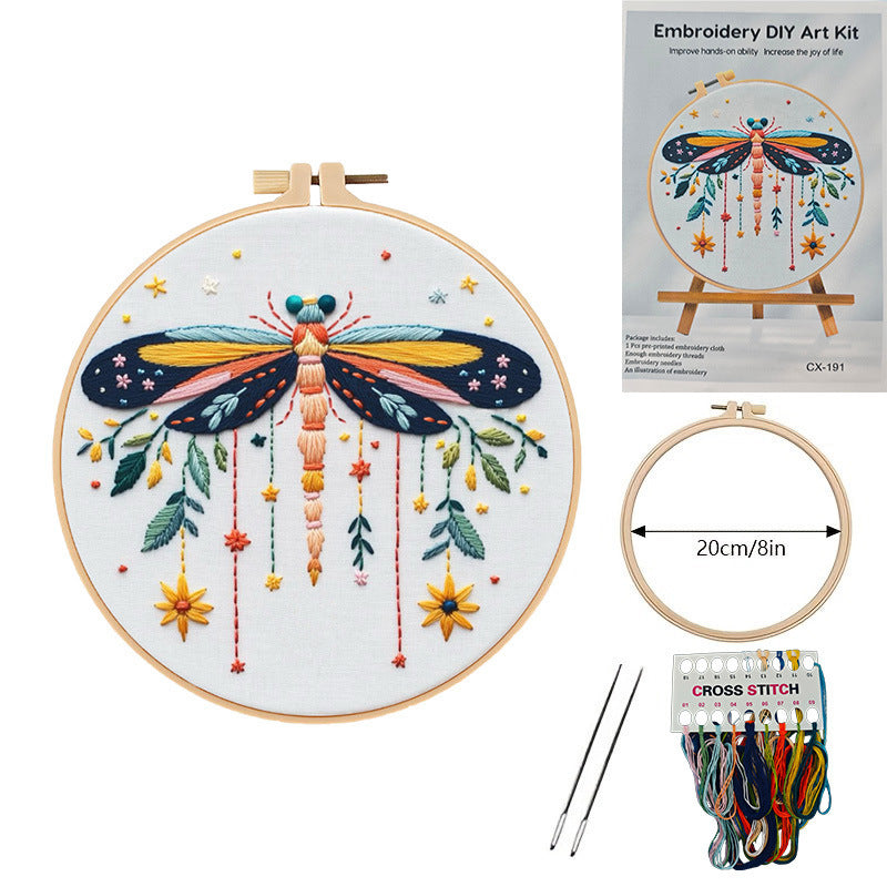 KTX-414419 Embroidery DIY Material Set with Silver Moon, Dragonfly, Autumn Leaves, and Butterfly Patterns