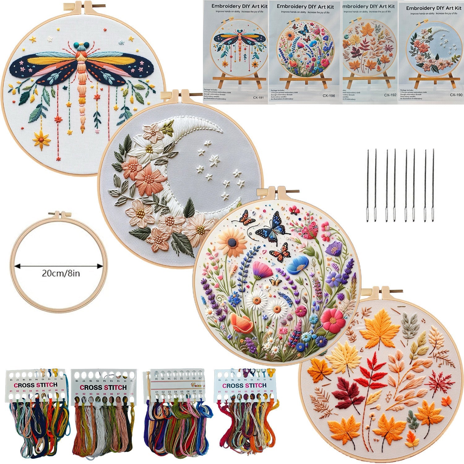 KTX-414419 Embroidery DIY Material Set with Silver Moon, Dragonfly, Autumn Leaves, and Butterfly Patterns