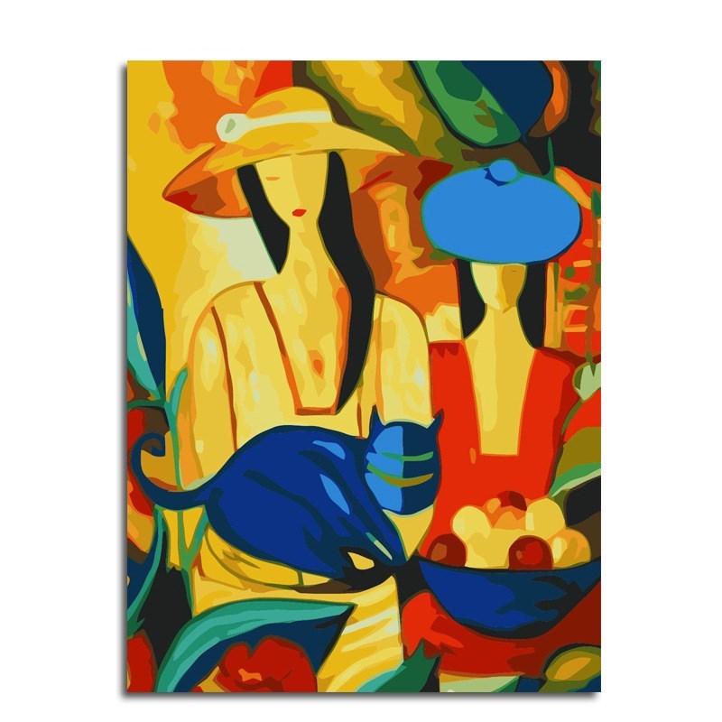 KTX-417555 Abstract Hand-Painted Digital Oil Painting of Woman and Cat on Stretch Frame, 40x50 cm