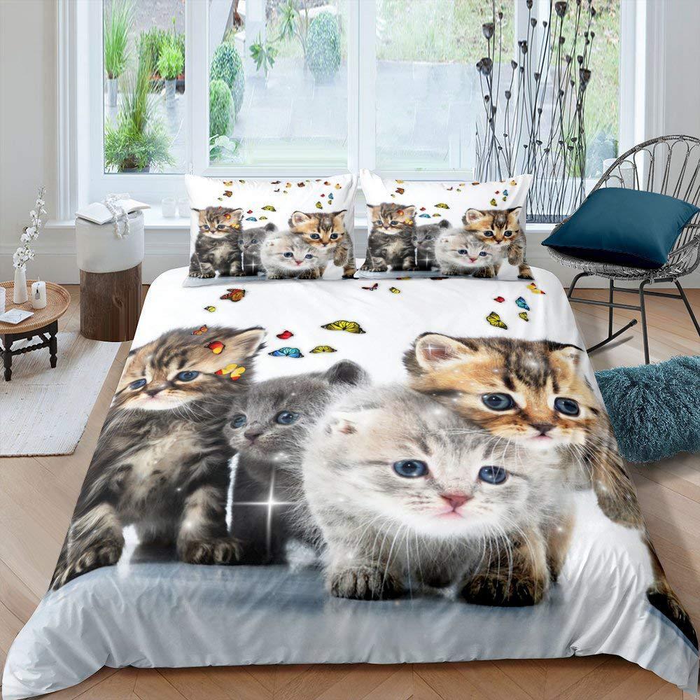 KTX-418195 Pet Cat Pattern Three-Piece Bedding Set - Quilt Cover Available in Multiple Sizes