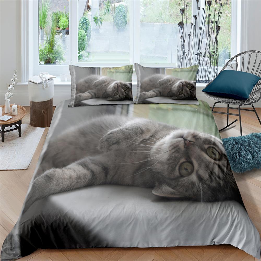 KTX-418195 Pet Cat Pattern Three-Piece Bedding Set - Quilt Cover Available in Multiple Sizes