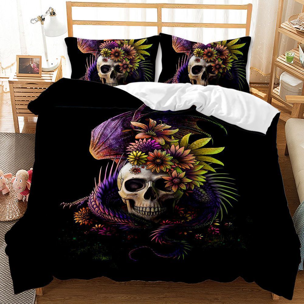 KTX-419027 Three-Piece Skull Printed Duvet Cover Set with Modern Design in Various Sizes
