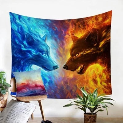 KTX-419731 Geometric Abstract Fire and Ice Rectangle Wall Tapestry in Plush Polyester Fiber