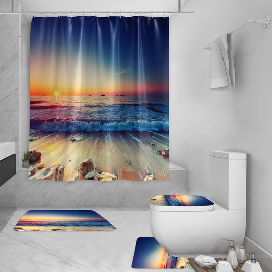 KTX-422035 3D Sea View Beach Shower Curtain Set – Waterproof Polyester, Modern Seascape Design, 180x180 cm