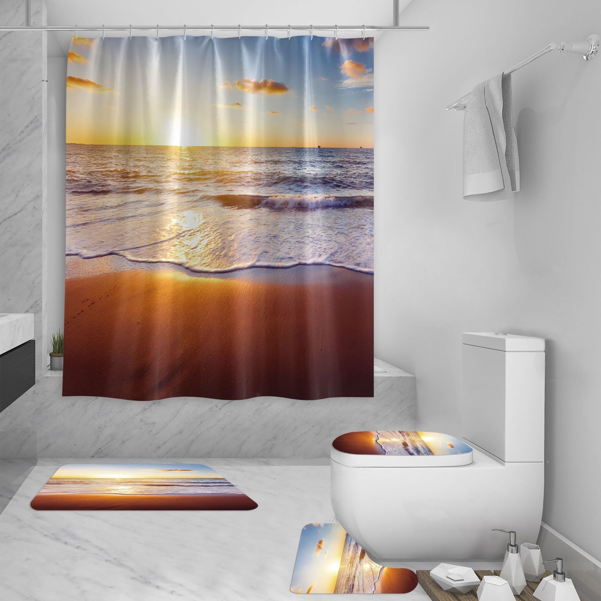 KTX-422035 3D Sea View Beach Shower Curtain Set – Waterproof Polyester, Modern Seascape Design, 180x180 cm