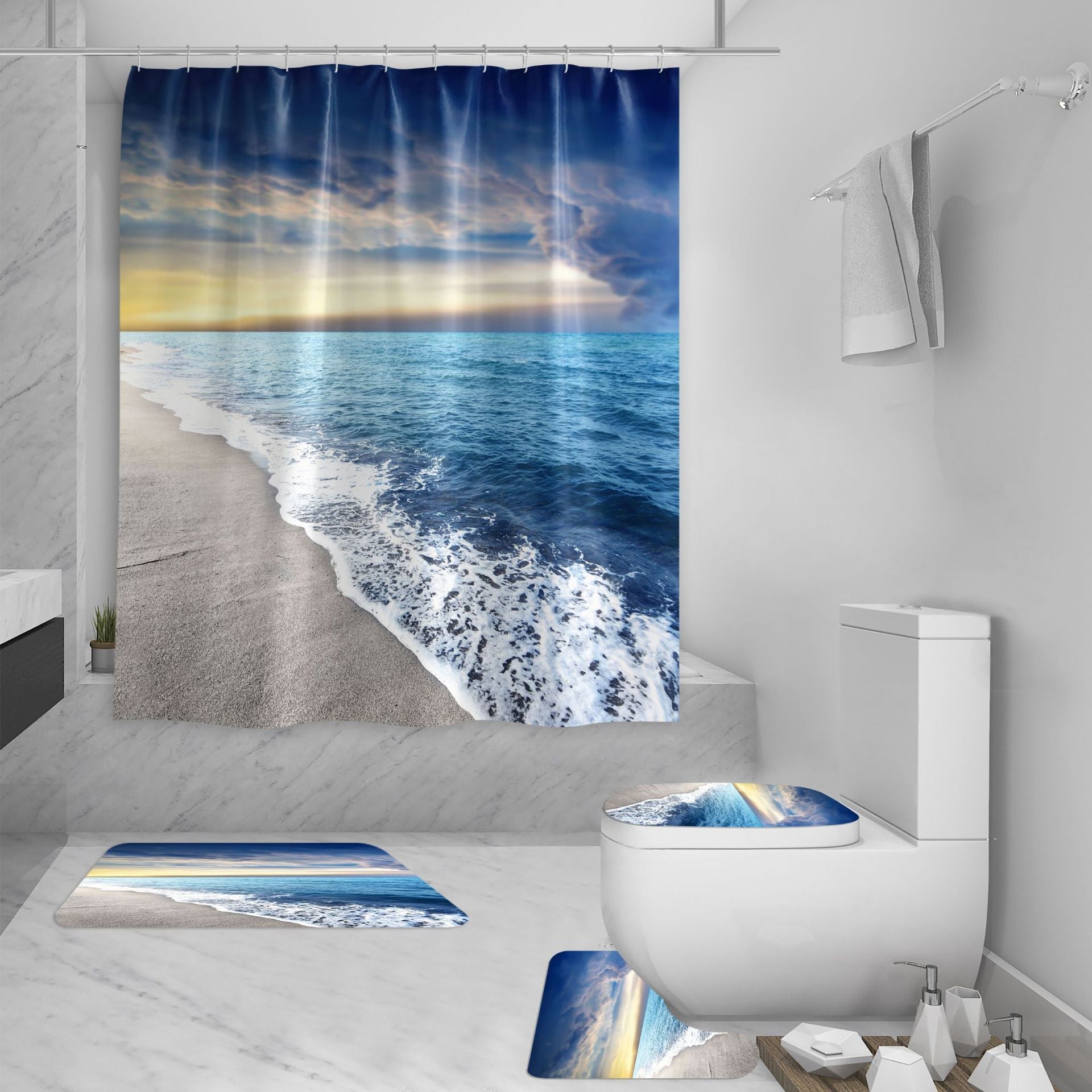 KTX-422035 3D Sea View Beach Shower Curtain Set – Waterproof Polyester, Modern Seascape Design, 180x180 cm