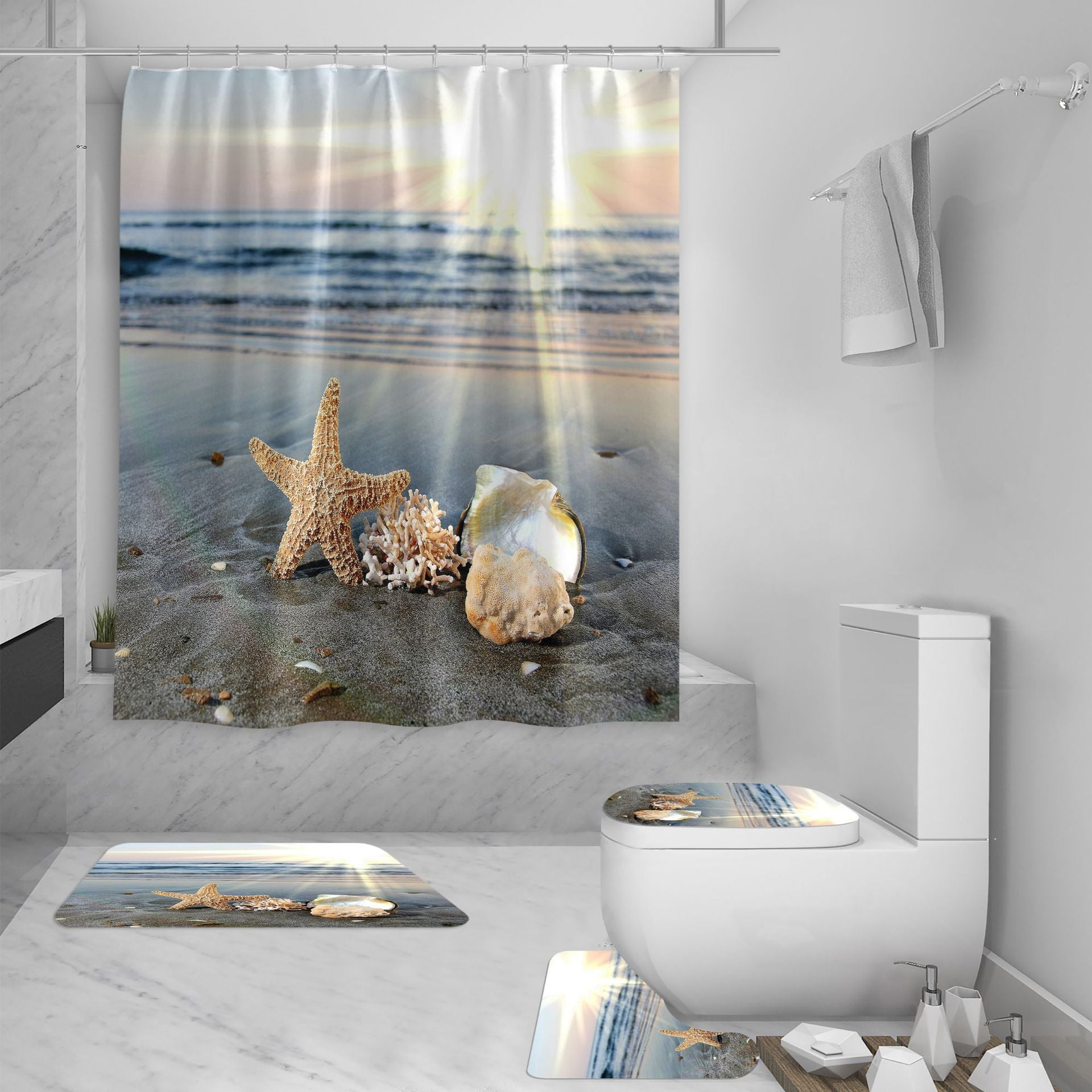 KTX-422035 3D Sea View Beach Shower Curtain Set – Waterproof Polyester, Modern Seascape Design, 180x180 cm