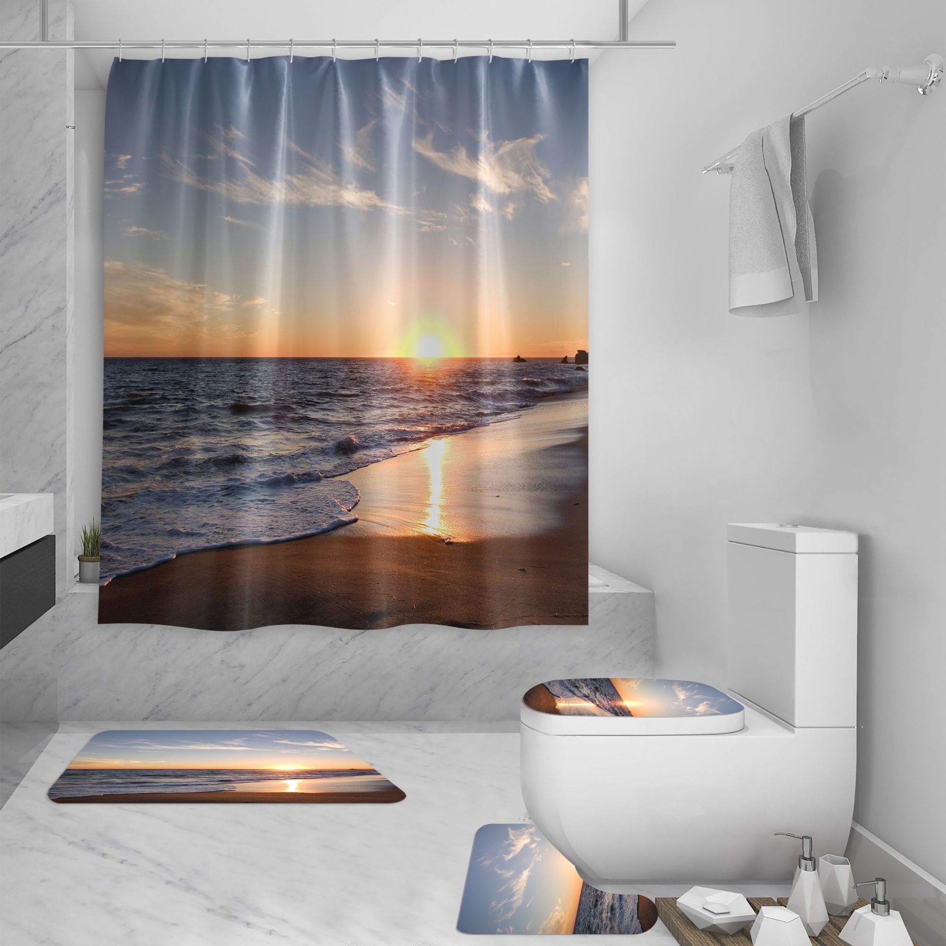 KTX-422035 3D Sea View Beach Shower Curtain Set – Waterproof Polyester, Modern Seascape Design, 180x180 cm