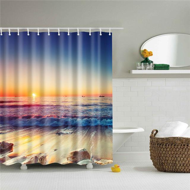 KTX-422035 3D Sea View Beach Shower Curtain Set – Waterproof Polyester, Modern Seascape Design, 180x180 cm