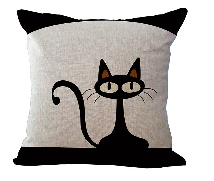 KTX-424019 Black and White Cat Printed Cotton Linen Sofa Pillowcase – Decorative 45x45 Cushion Cover