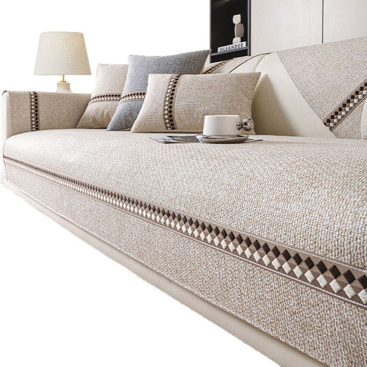 KTX-424531 Cotton and Linen Universal Non-Slip Sofa Cushion Cover with Stripe and Geometric Patterns, Multiple Sizes Available