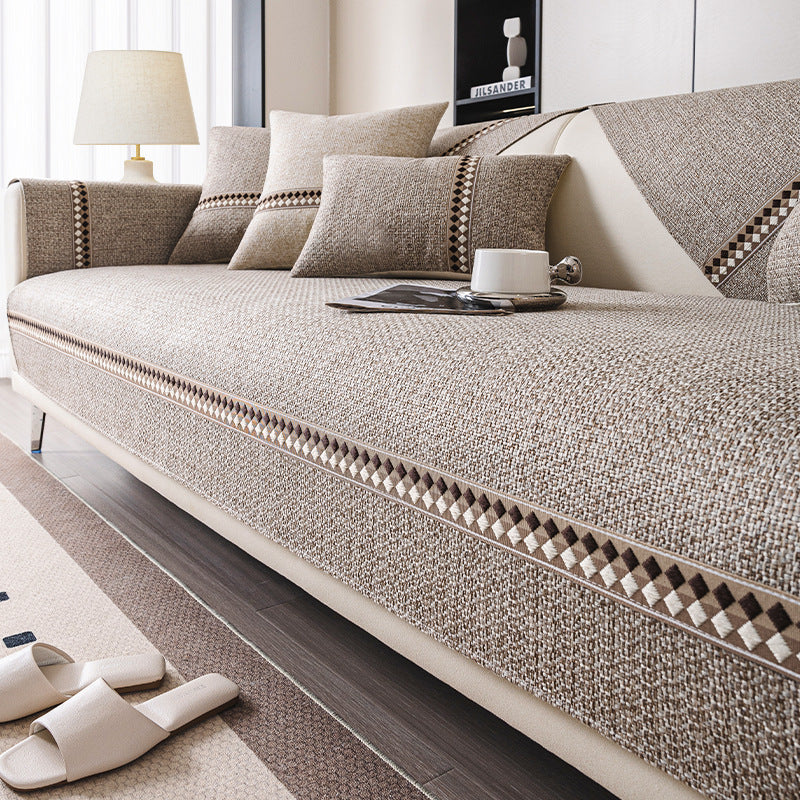 KTX-424531 Cotton and Linen Universal Non-Slip Sofa Cushion Cover with Stripe and Geometric Patterns, Multiple Sizes Available