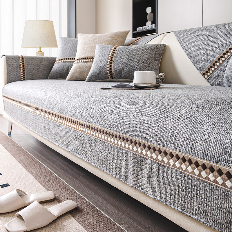 KTX-424531 Cotton and Linen Universal Non-Slip Sofa Cushion Cover with Stripe and Geometric Patterns, Multiple Sizes Available