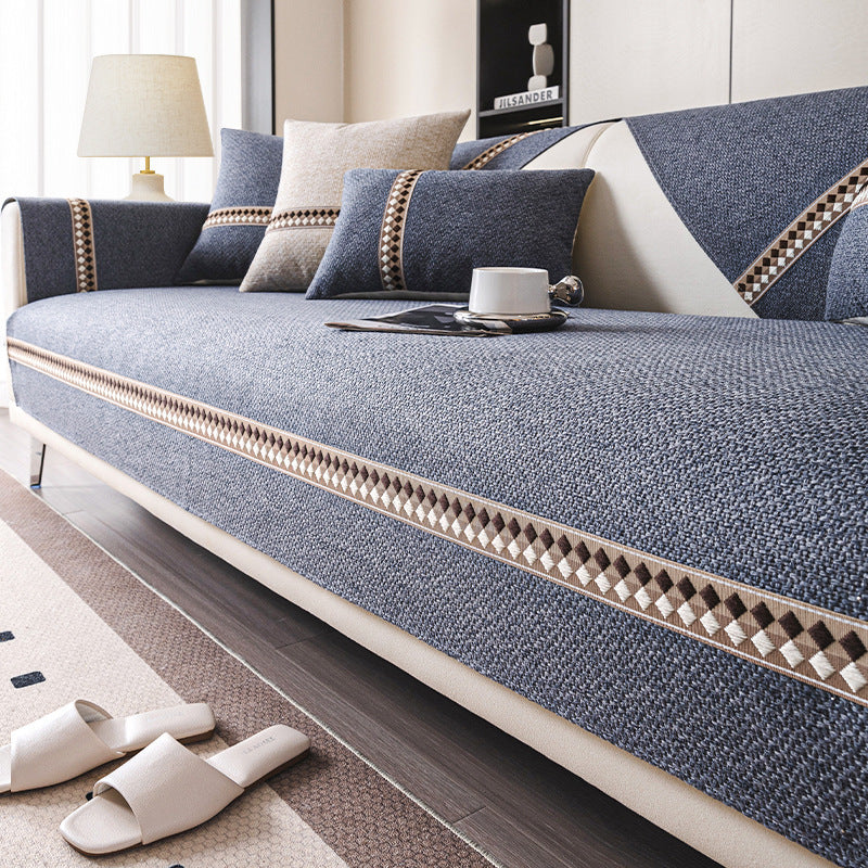 KTX-424531 Cotton and Linen Universal Non-Slip Sofa Cushion Cover with Stripe and Geometric Patterns, Multiple Sizes Available