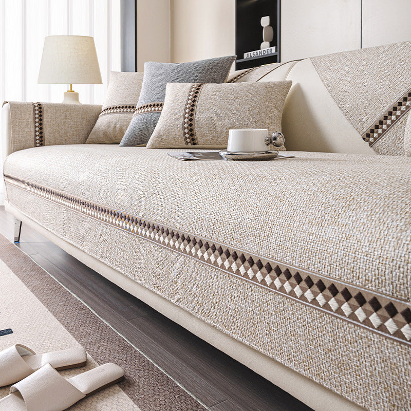 KTX-424531 Cotton and Linen Universal Non-Slip Sofa Cushion Cover with Stripe and Geometric Patterns, Multiple Sizes Available