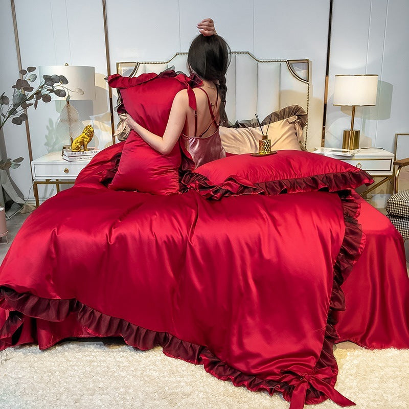 KTX-424787 Summer Ice Silk Four-Piece Bedding Set in Multiple Colors - Includes Quilt Cover, Pillowcases, and Sheets for 1.2m to 2.0m Beds