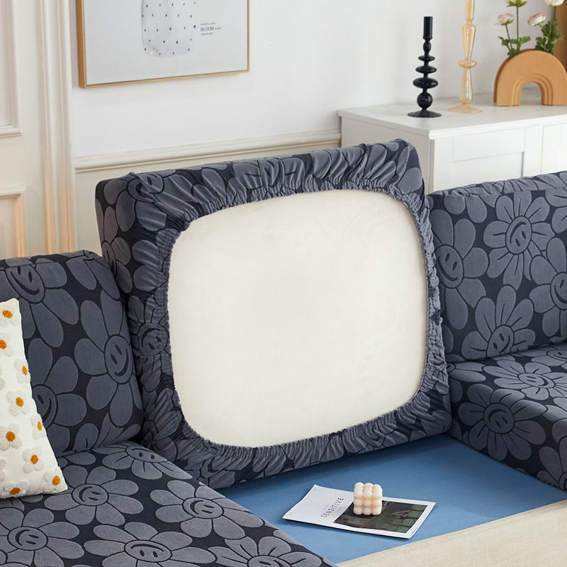 KTX-425683 High Elastic Knitted Sofa Cushion Cover - Waterproof Jacquard Design in Sunflower Dark Grey