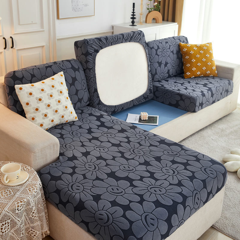 KTX-425683 High Elastic Knitted Sofa Cushion Cover - Waterproof Jacquard Design in Sunflower Dark Grey