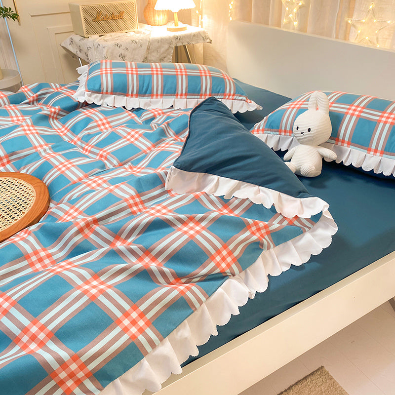 KTX-427923 Rainbow Stripes Lace 4-Piece Duvet Cover Set with Bed Sheet and Skirt