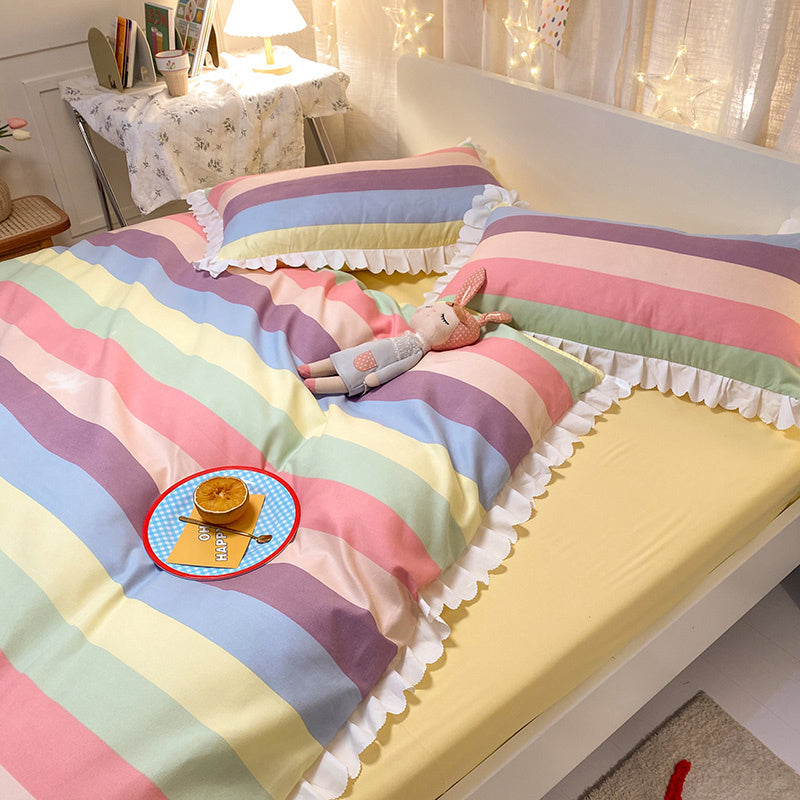 KTX-427923 Rainbow Stripes Lace 4-Piece Duvet Cover Set with Bed Sheet and Skirt