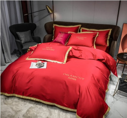 KTX-431699 Cotton Four-Piece Solid Color Wide Brim Embroidered Bedding Set for Weddings