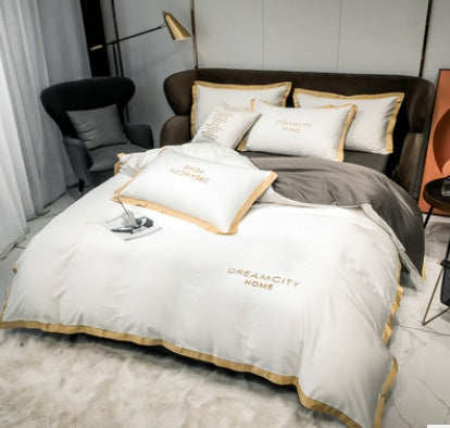 KTX-431699 Cotton Four-Piece Solid Color Wide Brim Embroidered Bedding Set for Weddings