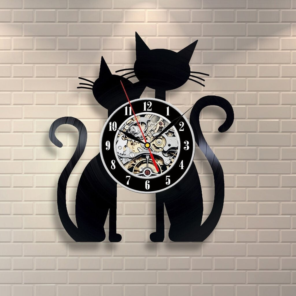 KTX-432467 Creative Cat Vinyl Record Wall Clock - Ultra Quiet Quartz Battery Operated Circular Design for Home Decor