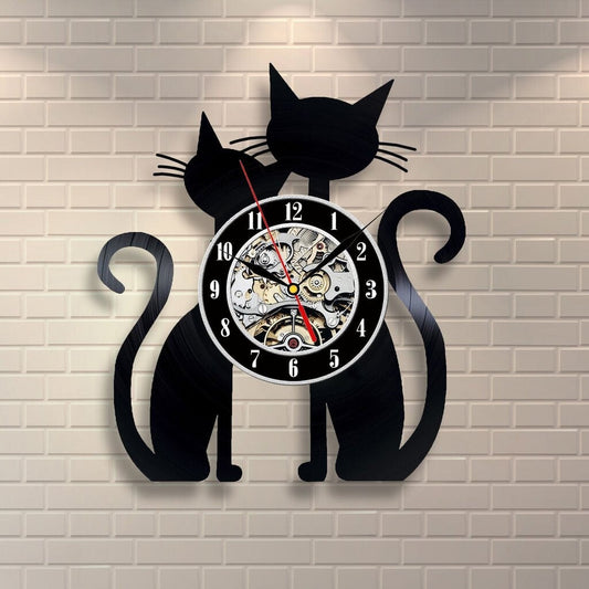 KTX-432467 Creative Cat Vinyl Record Wall Clock - Ultra Quiet Quartz Battery Operated Circular Design for Home Decor