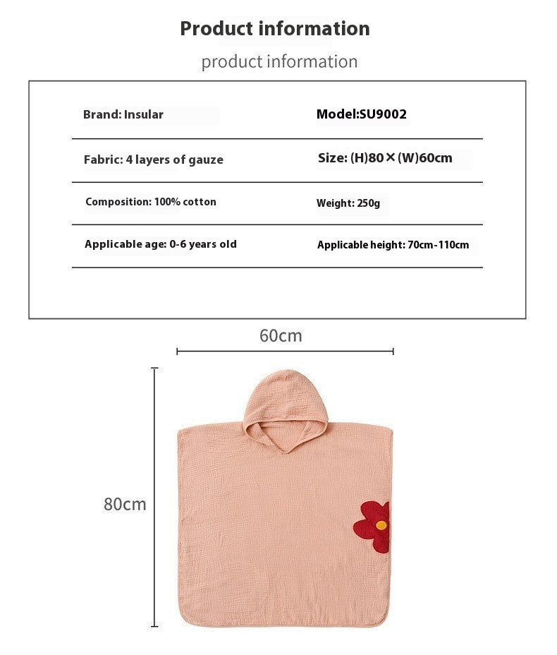 KTX-433107 Cotton Gauze Hooded Bath Towel for Kids with Flower and Cartoon Designs