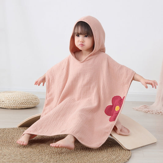 KTX-433107 Cotton Gauze Hooded Bath Towel for Kids with Flower and Cartoon Designs