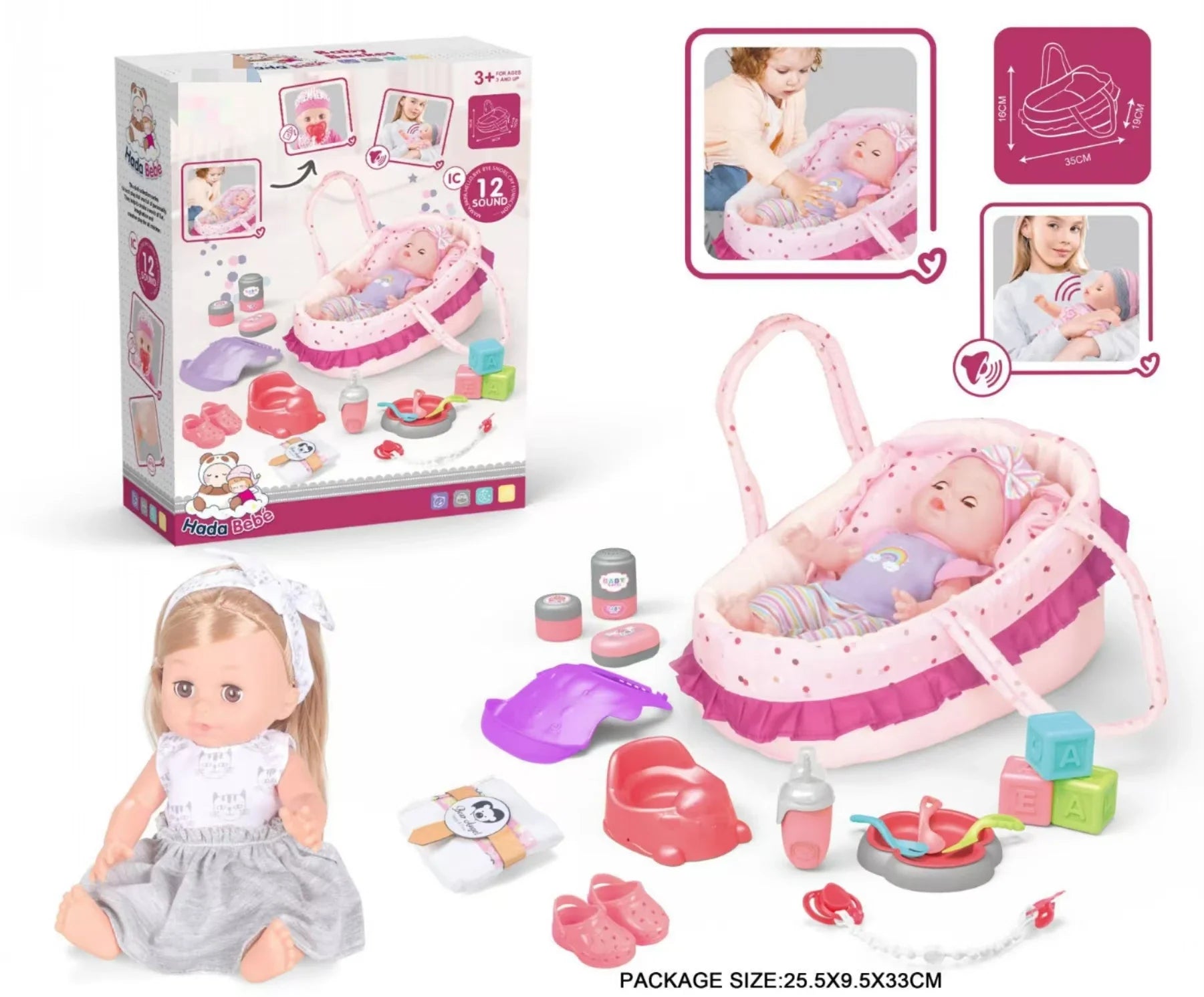 KTX-433363 14 Inch Vinyl Doll Nursing Hand Basket Set with Sounds and Accessories for Kids