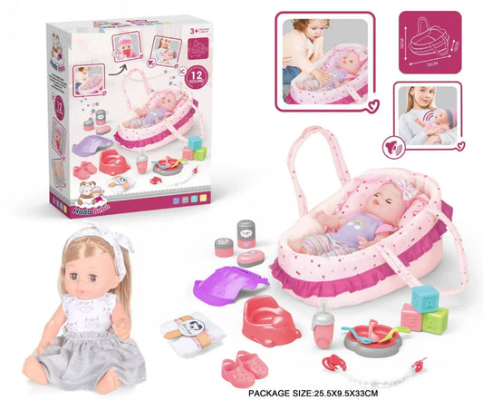 KTX-433363 14 Inch Vinyl Doll Nursing Hand Basket Set with Sounds and Accessories for Kids