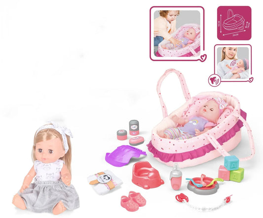 KTX-433363 14 Inch Vinyl Doll Nursing Hand Basket Set with Sounds and Accessories for Kids