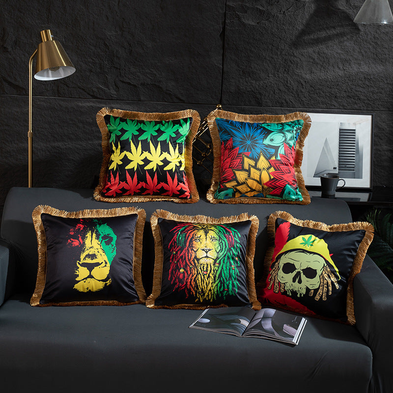 KTX-433491 Leopard and Floral Abstract Pattern Artificial Silk Pillowcase with Tassel Detail, 45x45cm