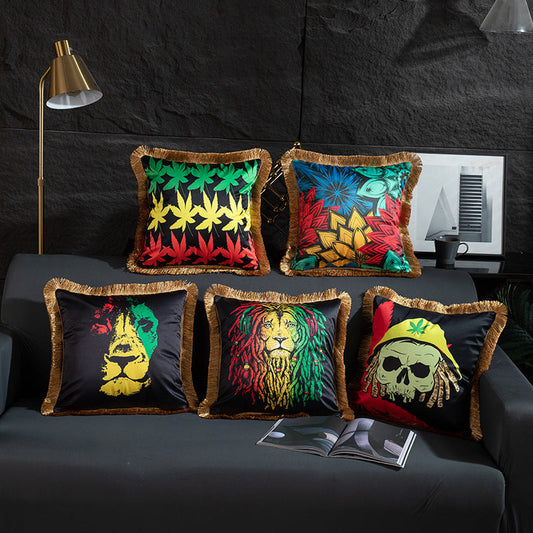 KTX-433491 Leopard and Floral Abstract Pattern Artificial Silk Pillowcase with Tassel Detail, 45x45cm