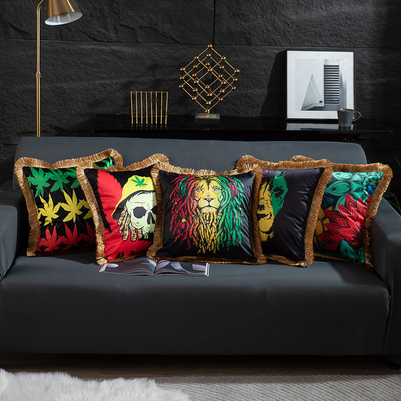 KTX-433491 Leopard and Floral Abstract Pattern Artificial Silk Pillowcase with Tassel Detail, 45x45cm