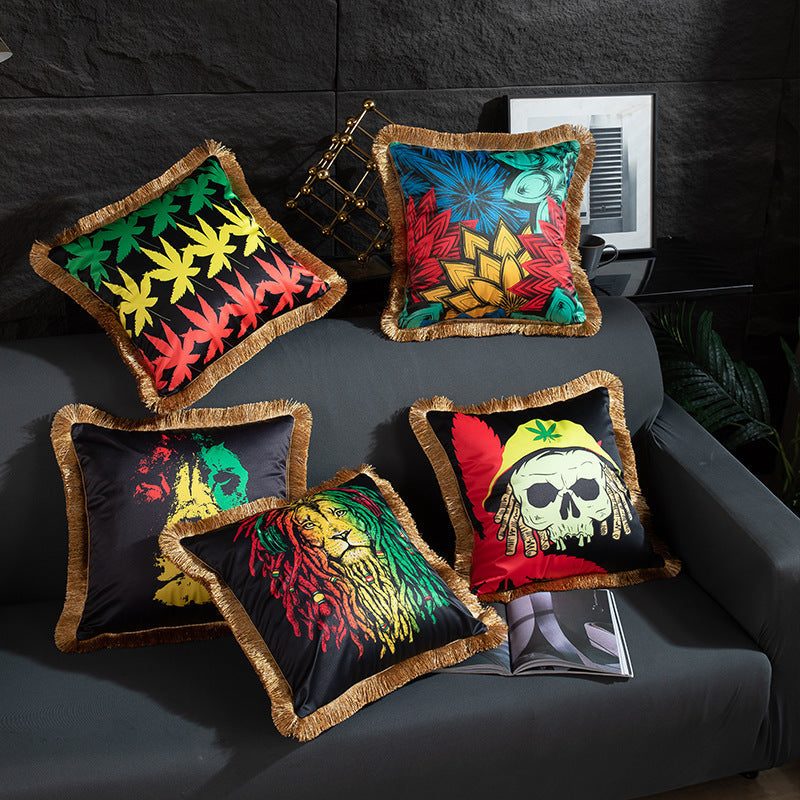 KTX-433491 Leopard and Floral Abstract Pattern Artificial Silk Pillowcase with Tassel Detail, 45x45cm