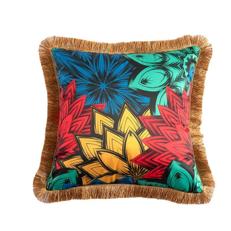 KTX-433491 Leopard and Floral Abstract Pattern Artificial Silk Pillowcase with Tassel Detail, 45x45cm