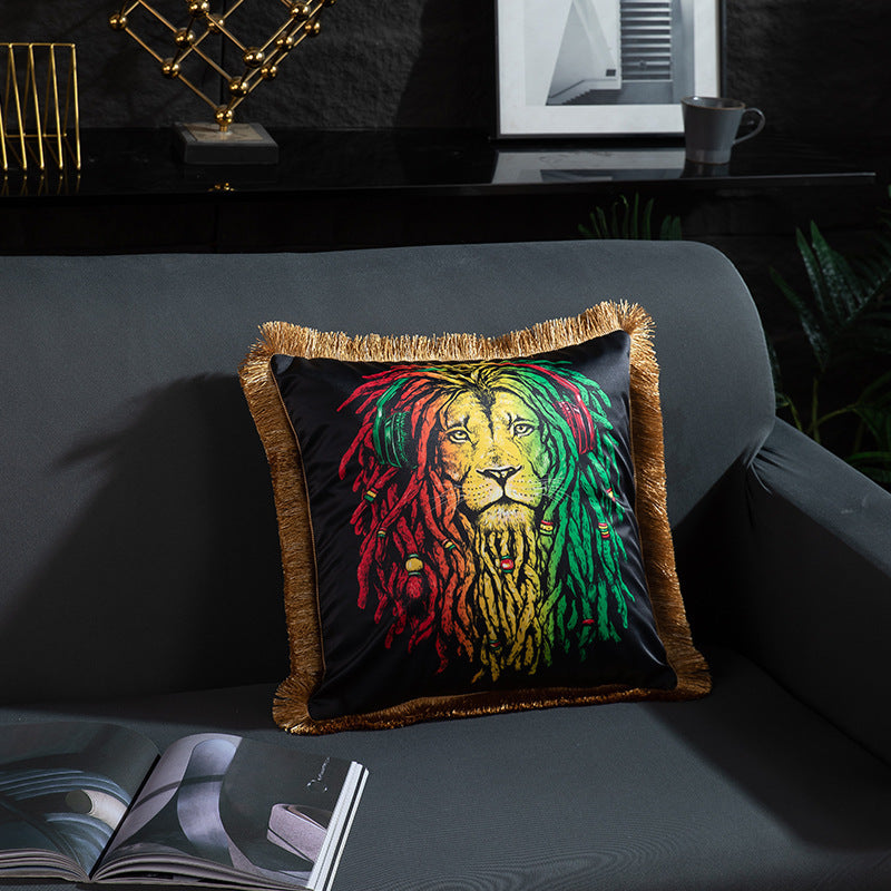 KTX-433491 Leopard and Floral Abstract Pattern Artificial Silk Pillowcase with Tassel Detail, 45x45cm