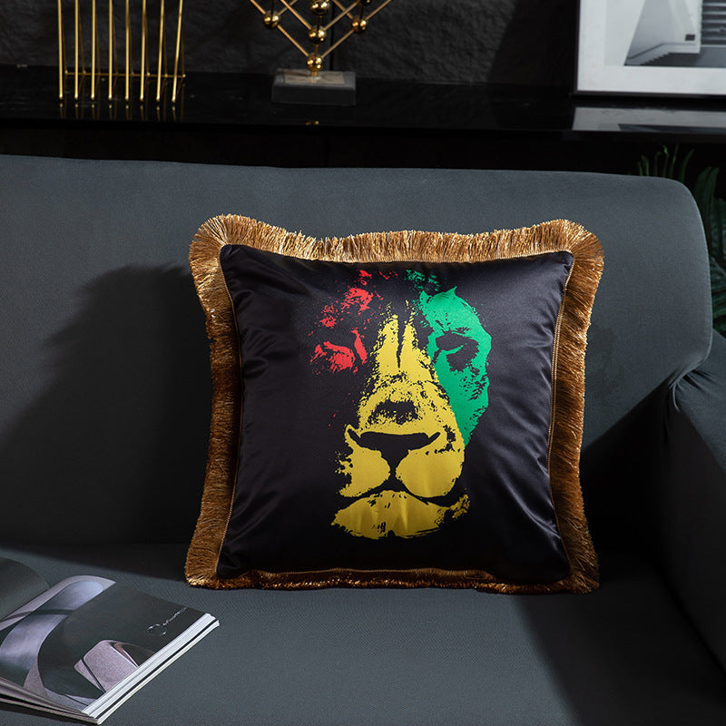 KTX-433491 Leopard and Floral Abstract Pattern Artificial Silk Pillowcase with Tassel Detail, 45x45cm