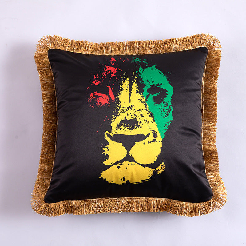 KTX-433491 Leopard and Floral Abstract Pattern Artificial Silk Pillowcase with Tassel Detail, 45x45cm