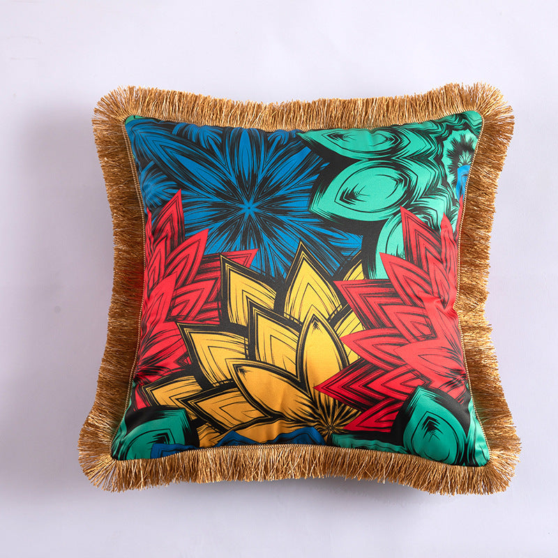 KTX-433491 Leopard and Floral Abstract Pattern Artificial Silk Pillowcase with Tassel Detail, 45x45cm