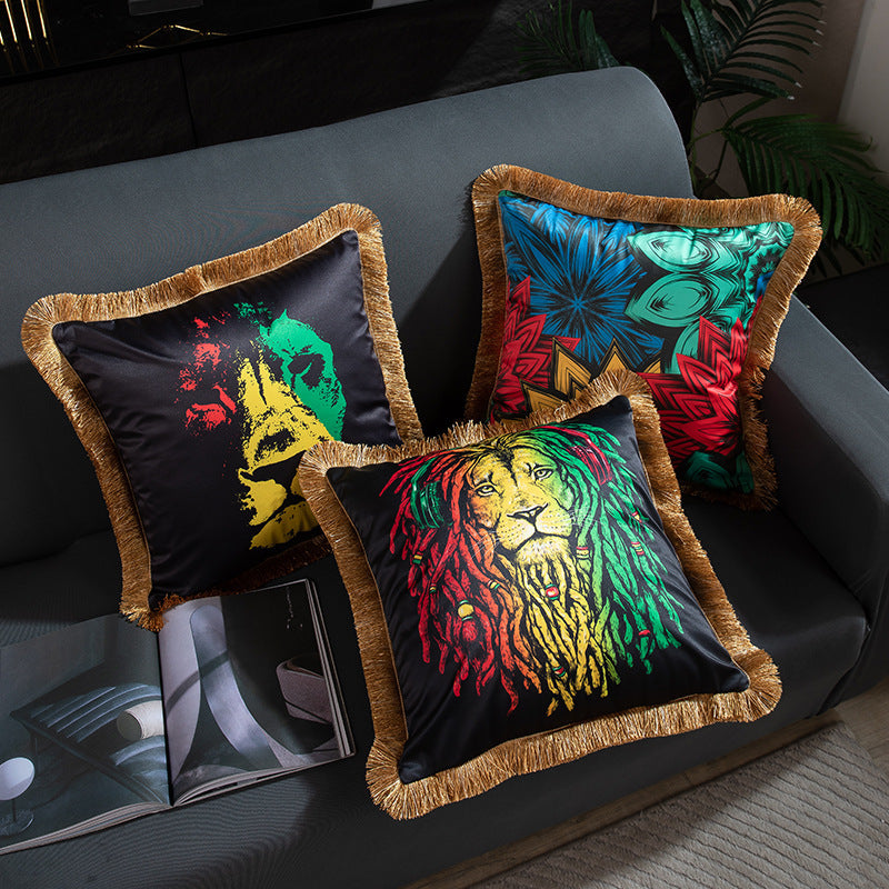 KTX-433491 Leopard and Floral Abstract Pattern Artificial Silk Pillowcase with Tassel Detail, 45x45cm