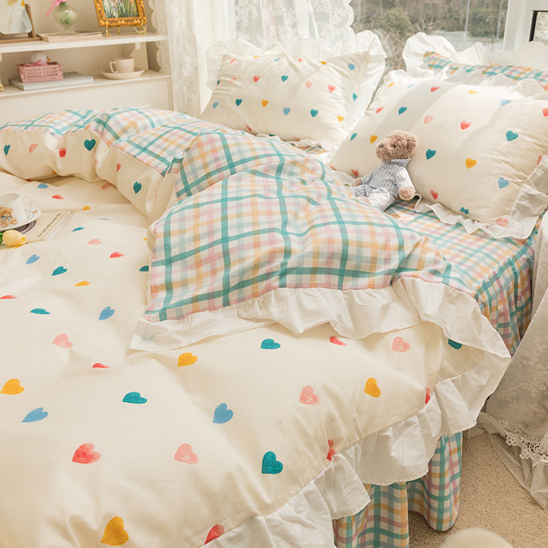 KTX-434003 Korean Style 100% Cotton Four-Piece Bed Skirt Set with Floral and Animal Patterns