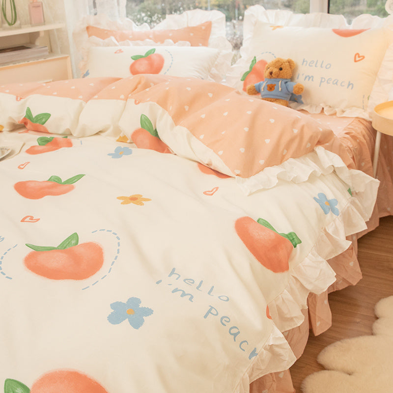 KTX-434003 Korean Style 100% Cotton Four-Piece Bed Skirt Set with Floral and Animal Patterns
