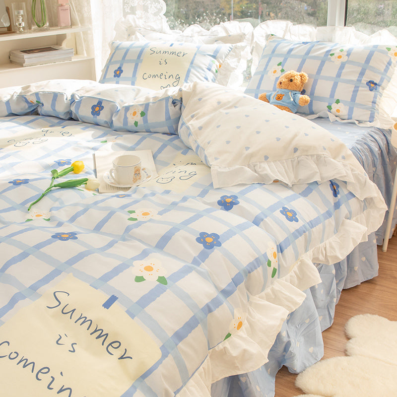 KTX-434003 Korean Style 100% Cotton Four-Piece Bed Skirt Set with Floral and Animal Patterns