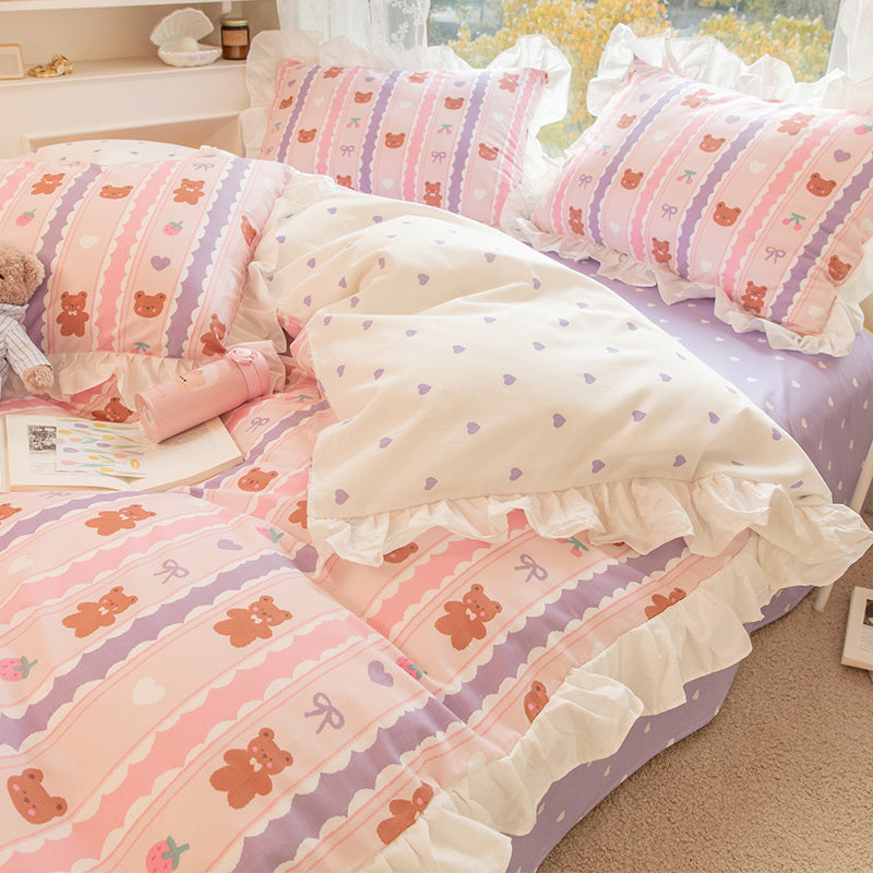 KTX-434003 Korean Style 100% Cotton Four-Piece Bed Skirt Set with Floral and Animal Patterns