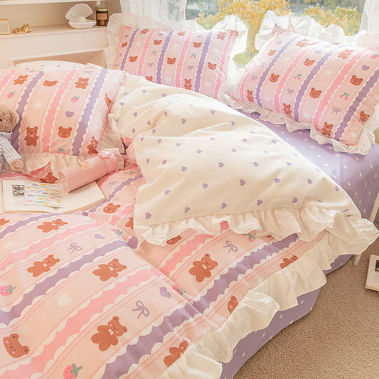 KTX-434003 Korean Style 100% Cotton Four-Piece Bed Skirt Set with Floral and Animal Patterns