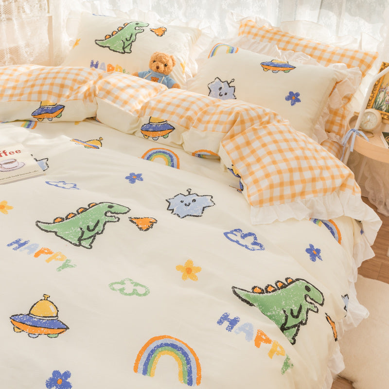 KTX-434003 Korean Style 100% Cotton Four-Piece Bed Skirt Set with Floral and Animal Patterns