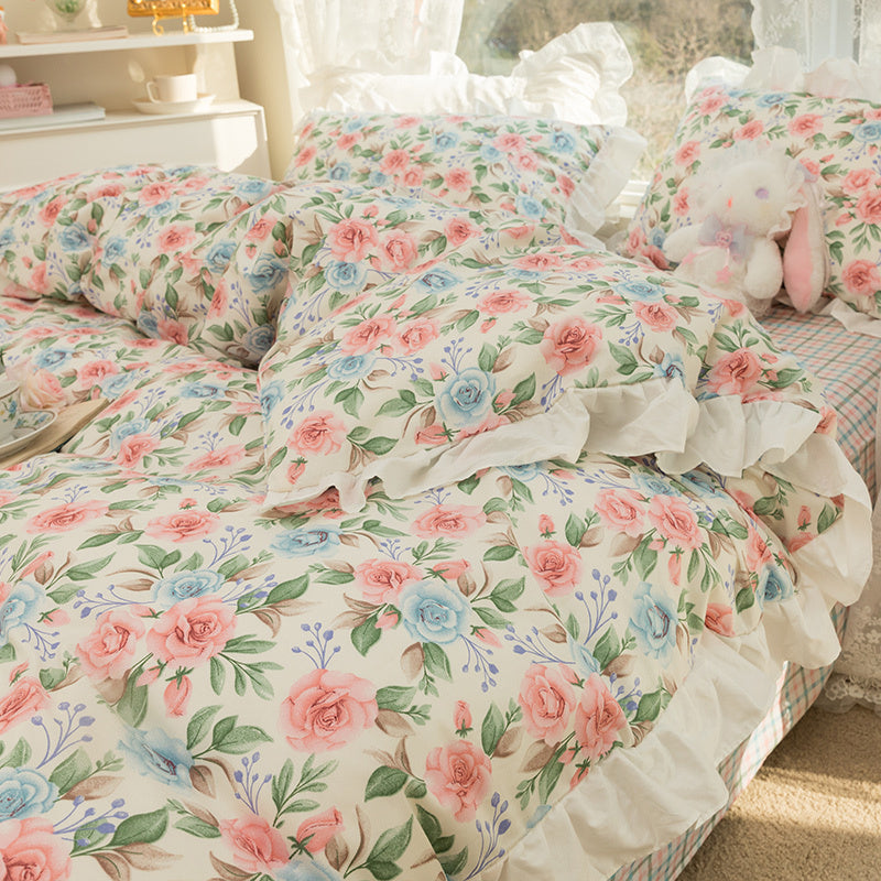 KTX-434003 Korean Style 100% Cotton Four-Piece Bed Skirt Set with Floral and Animal Patterns